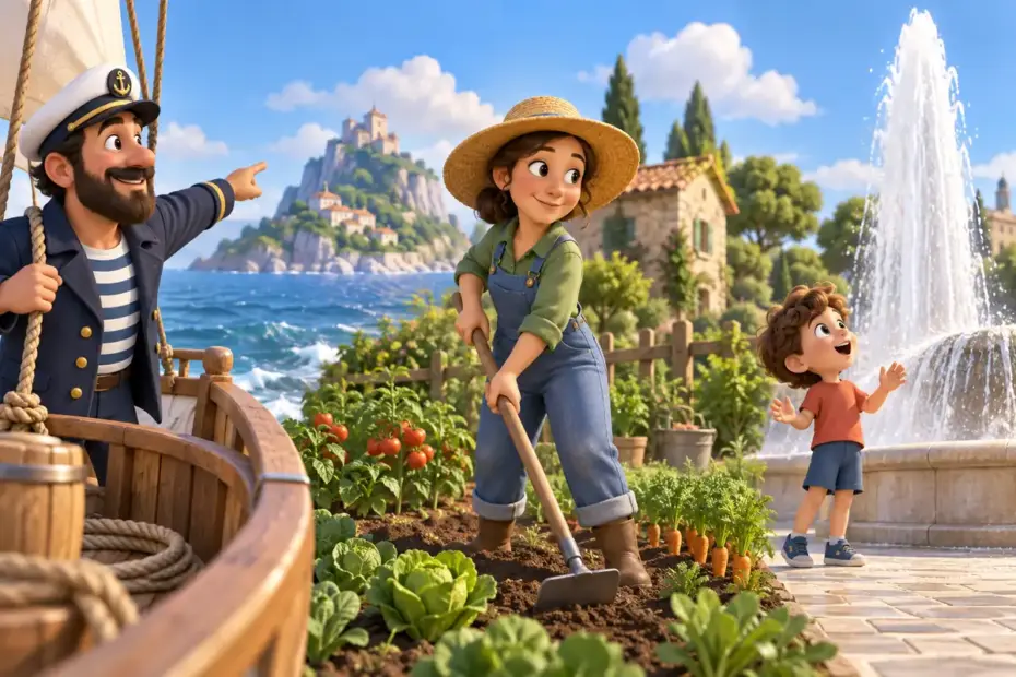 A sailor calls toward land, a gardener holds a hoe, and a child reacts with surprise.