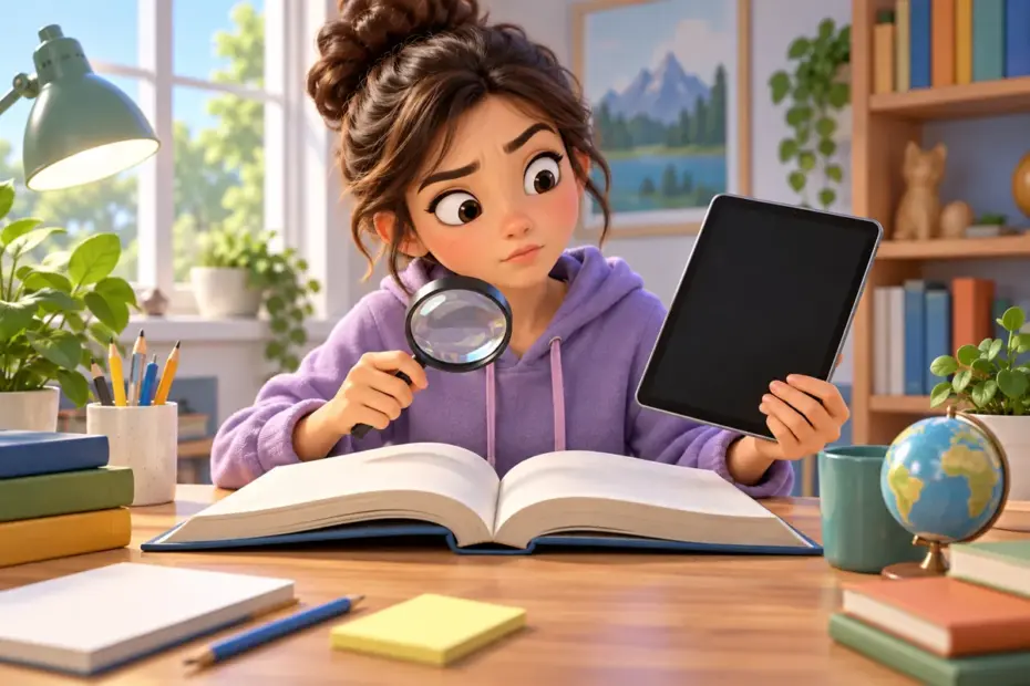 A student checks a surprising online claim against a reliable reference book.