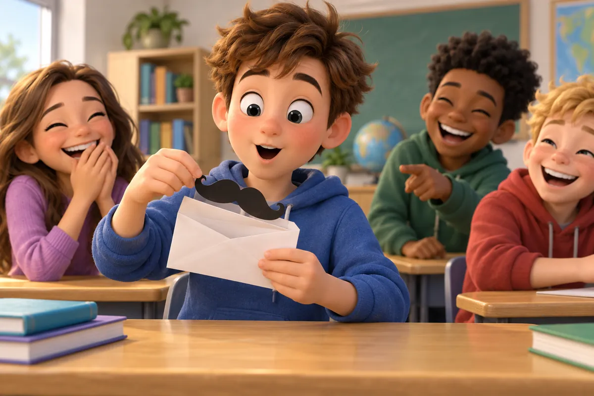 A student opens a plain envelope as classmates laugh at a harmless joke.