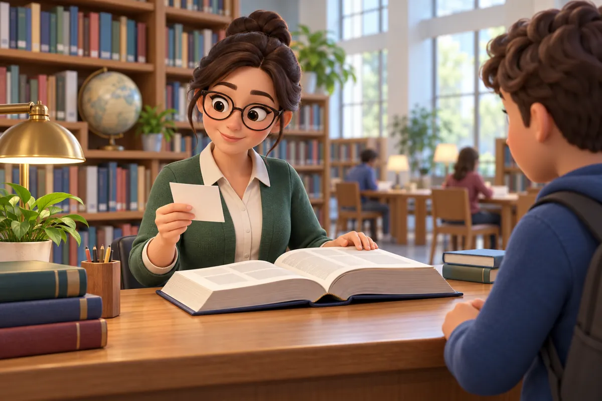 A librarian compares a rumor note with a trusted reference source before sharing it.