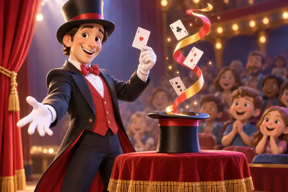 A friendly magician reveals a colorful ribbon during a stage trick.