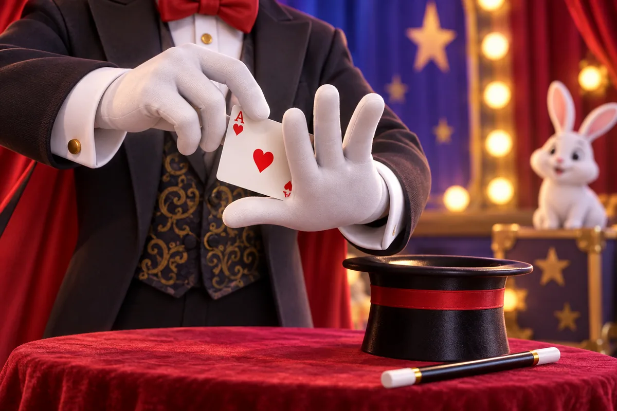 Gloved hands perform a card trick beside a top hat.