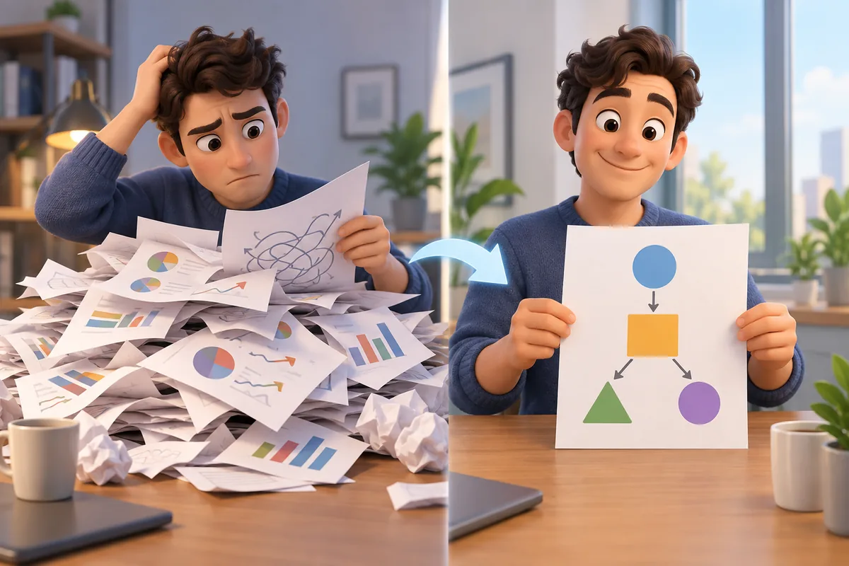 A clear diagram replaces a confusing stack of blank papers.