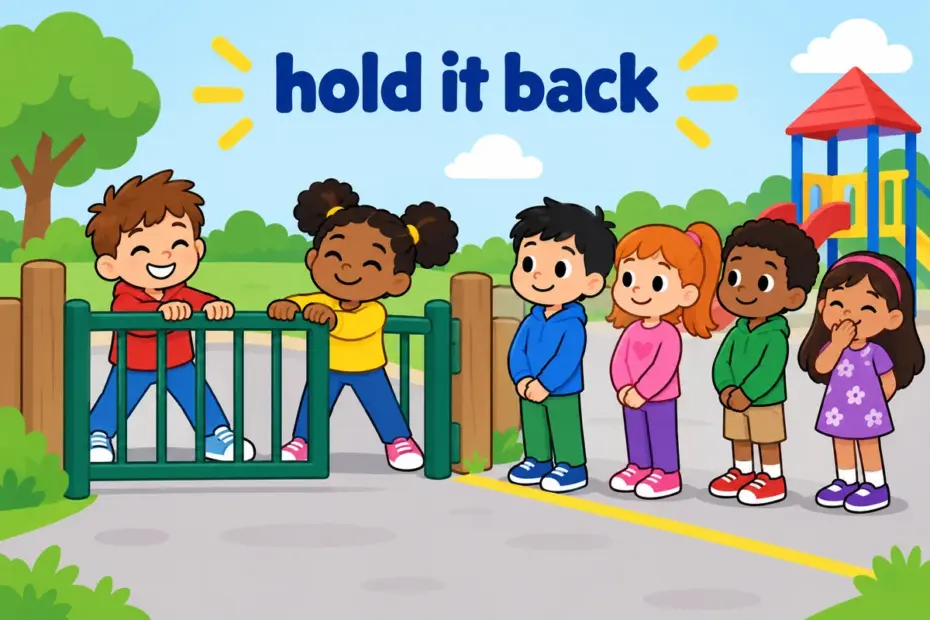 Cartoon children gently hold a gate closed as a crowd waits, showing hold back in a sentence as restraint.