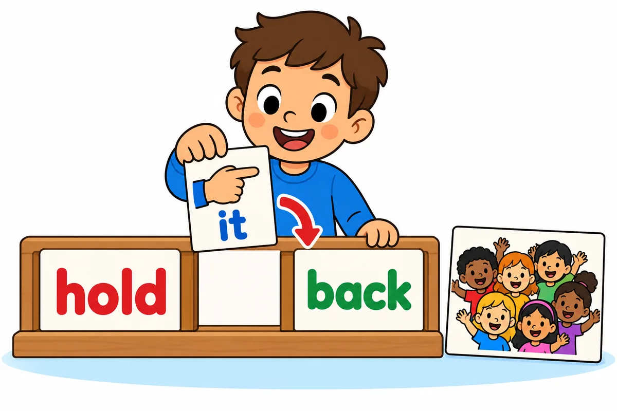 A cartoon pronoun card slots between the words hold and back while a long object card waits after back on a rail.