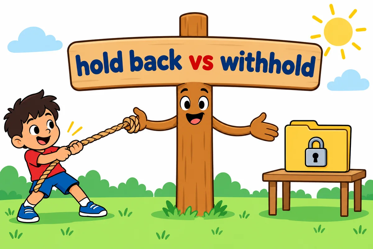 A cartoon signpost points to hold back where a hand grips a rope, and to withhold where a locked folder sits unopened.