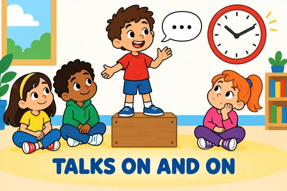 A cartoon speaker talks at length on a small stage, showing hold forth in a sentence as speaking to an audience for a long time.