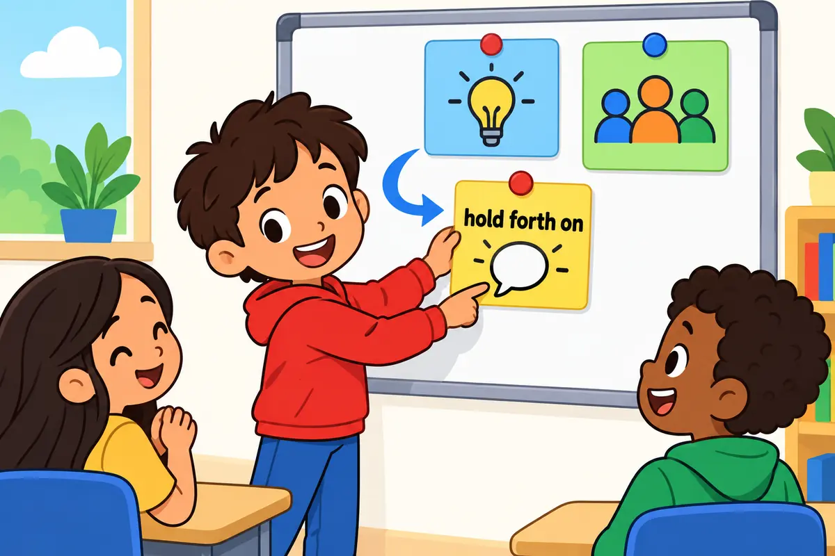 A cartoon child adds a topic card after the phrase hold forth on a magnetic board.