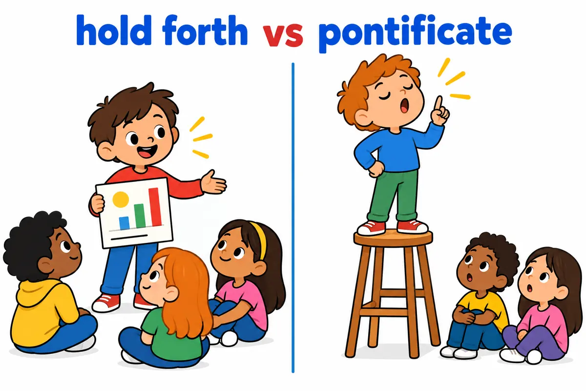 A cartoon split scene contrasts a child giving a long friendly talk with a child lecturing from a high stool.