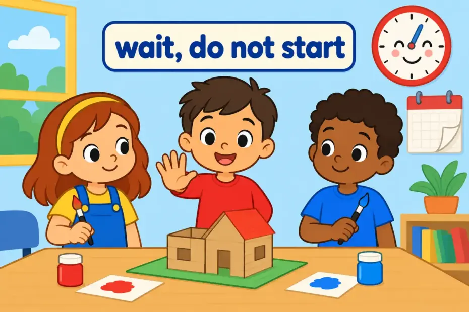 Cartoon pupils pause before a classroom project, illustrating hold off in a sentence as waiting before you act.