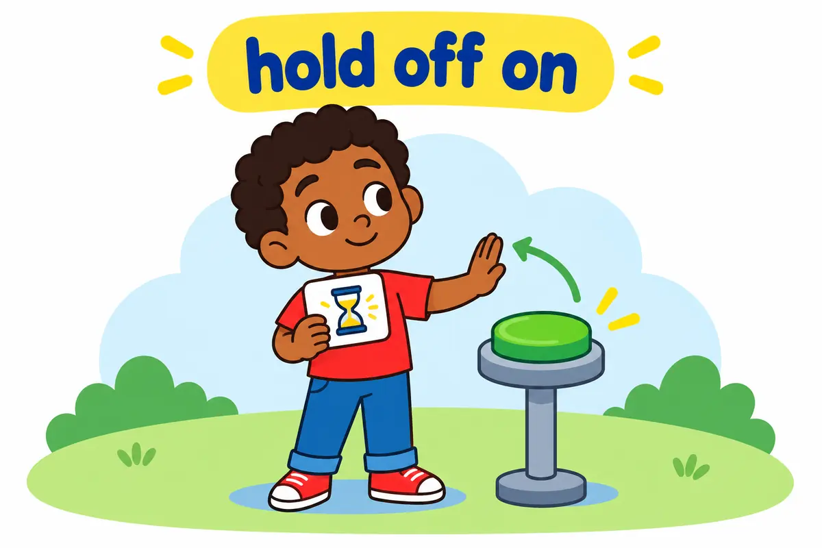 A cartoon child delays pressing a big button beside a decision card, showing the pattern hold off on a decision.