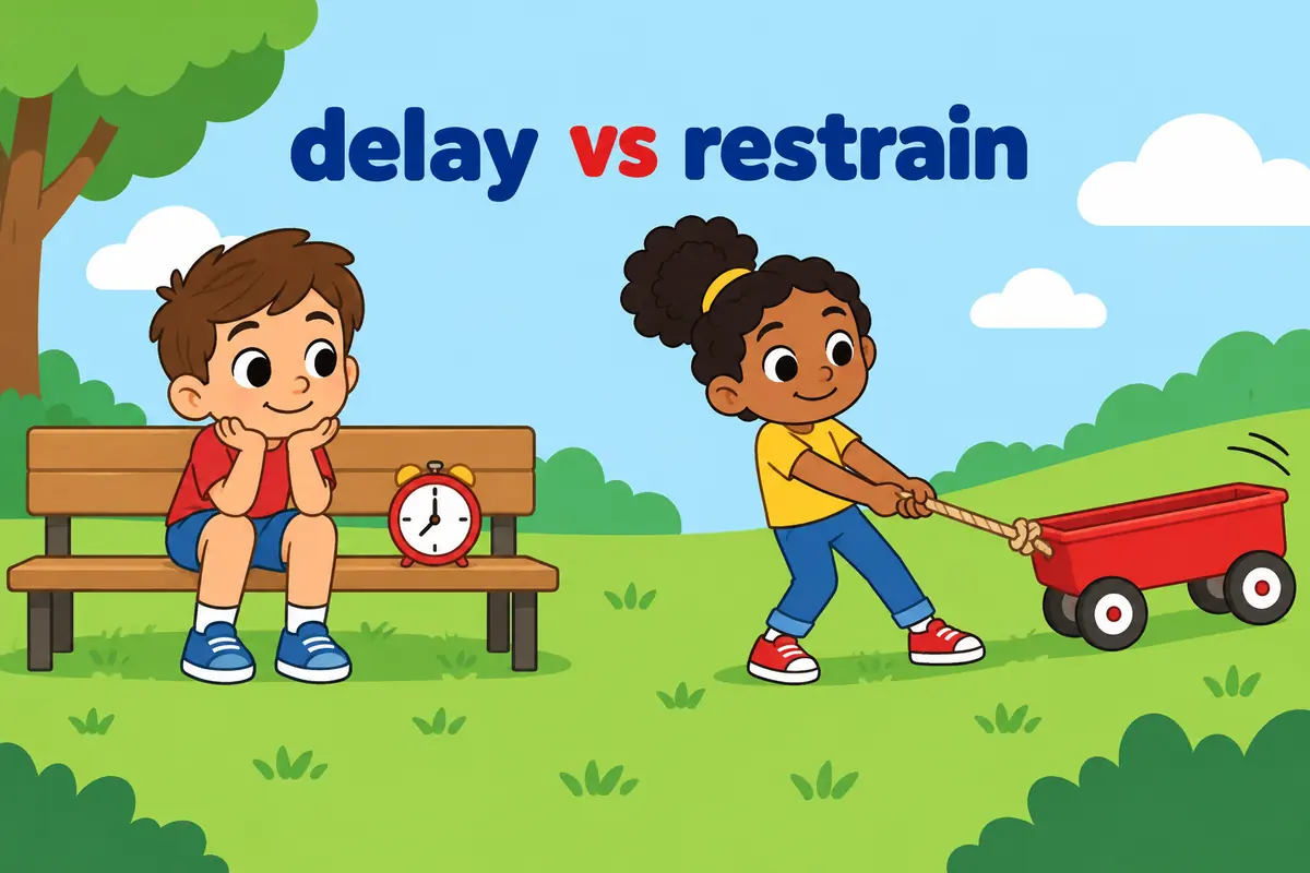 A split cartoon contrasts a child waiting to start with a child holding a rope back, showing hold off versus hold back.