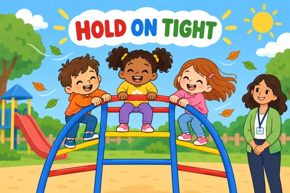 Cartoon children hold on to a climbing frame rail, illustrating hold on in a sentence as keeping a firm grip.