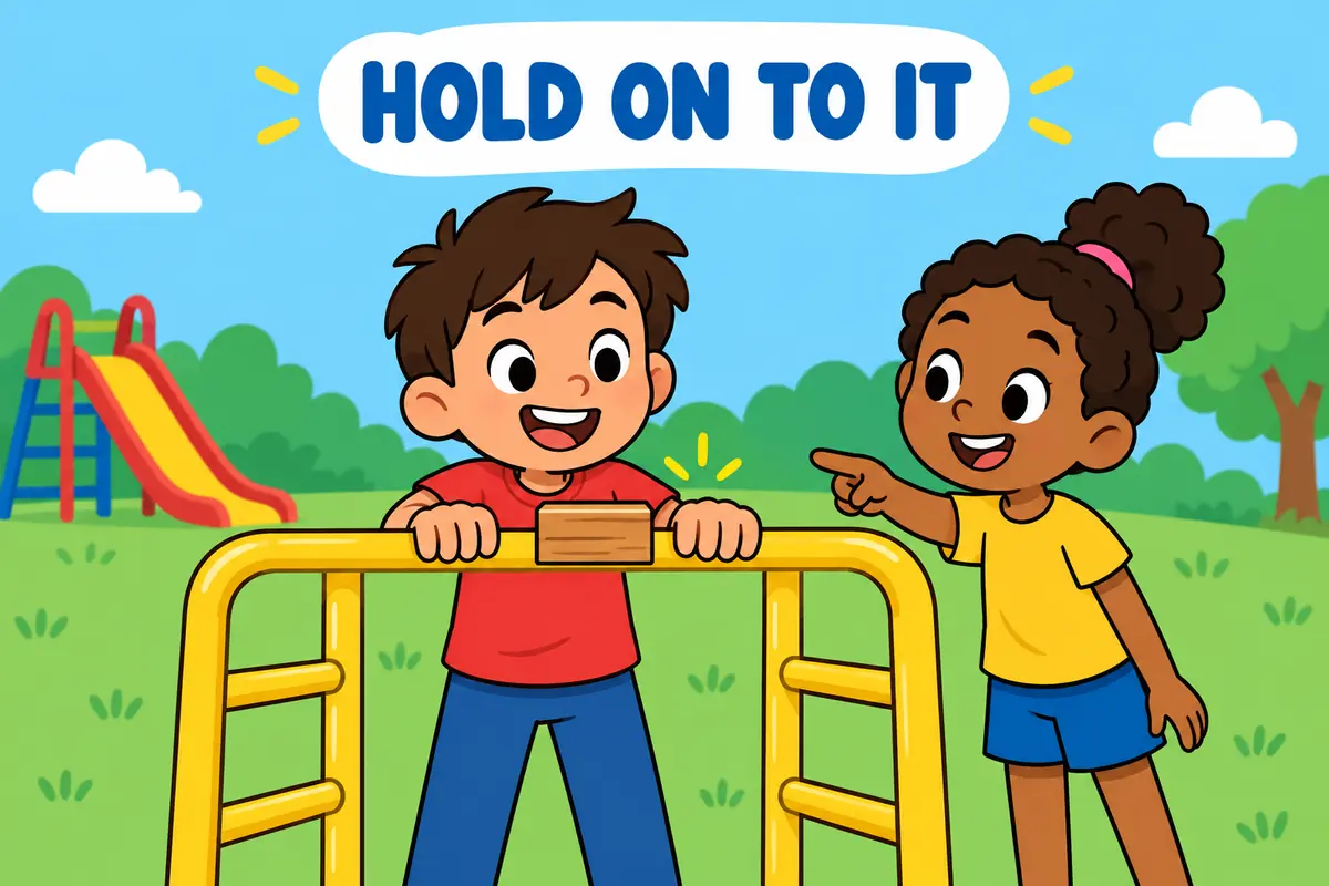 Cartoon children grip a rail on a climbing frame, showing hold on to in a sentence with the required preposition to.