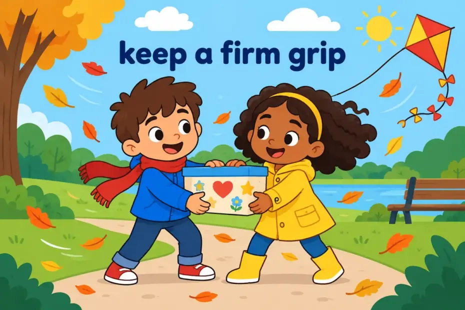 Cartoon children grip a keepsake box together on a windy day, showing hold onto in a sentence as keeping a firm grip.