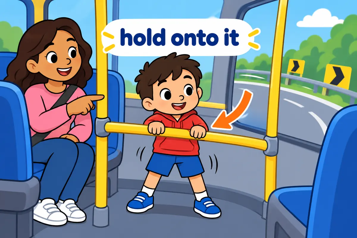 A cartoon child grips a bus handrail with both hands while the bus turns a corner.