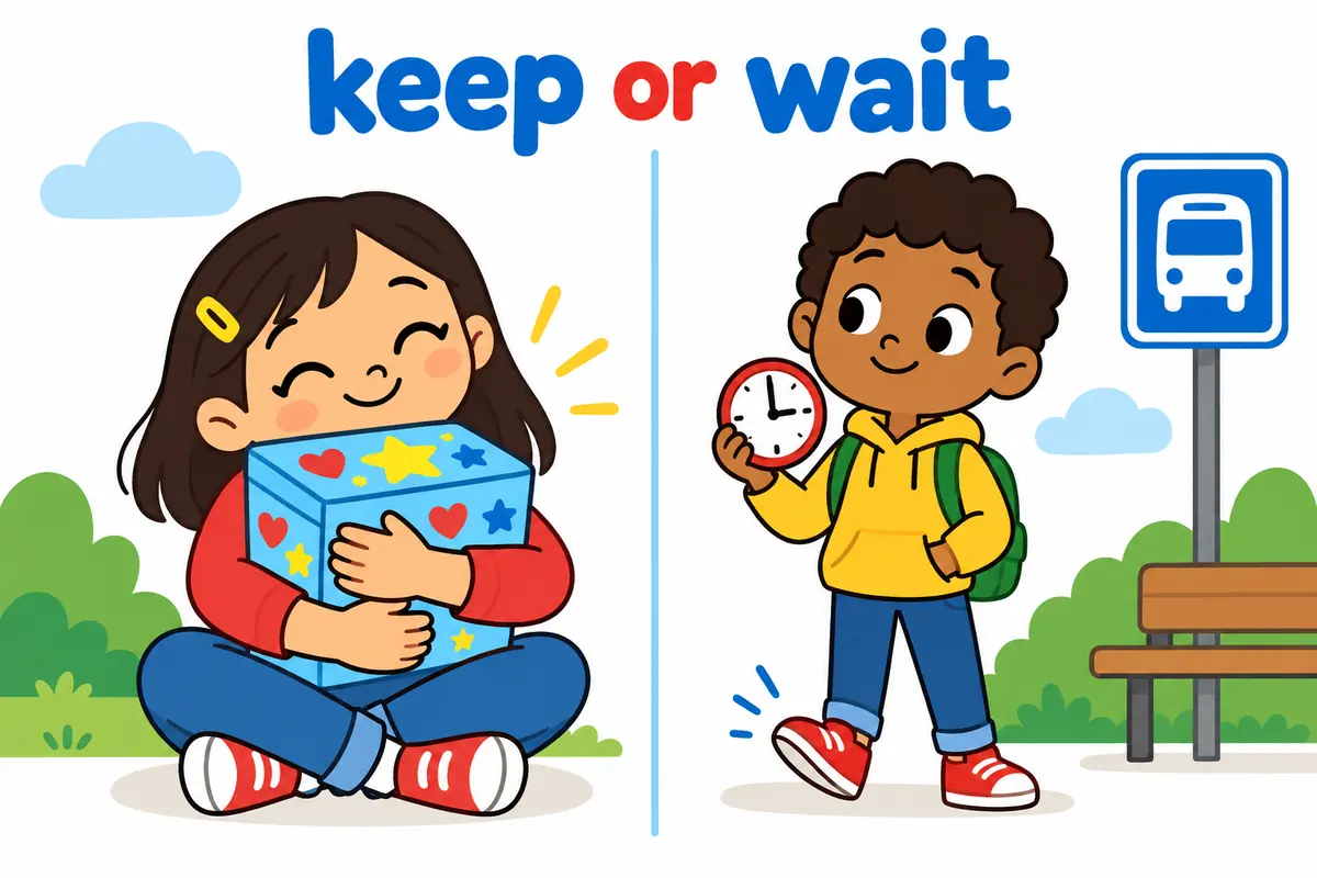 A cartoon split scene contrasts a child gripping a keepsake box with a child waiting at a bus stop.