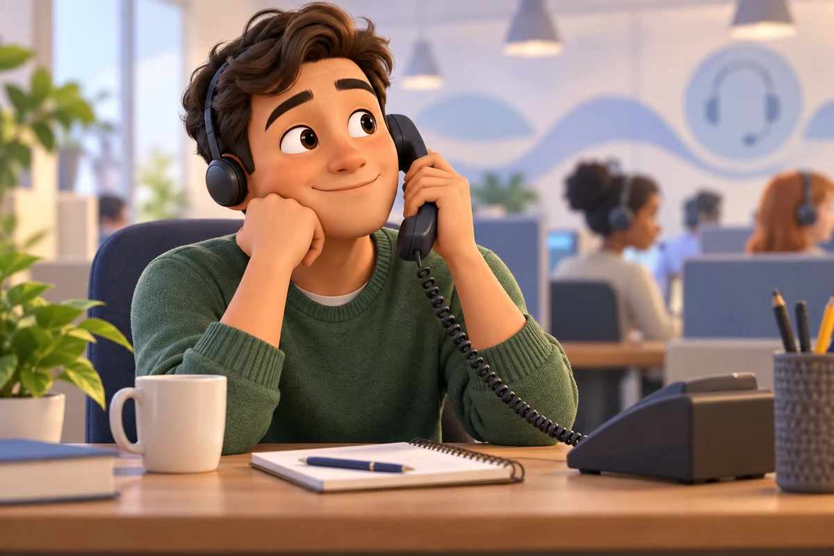 A person listens on a phone at a desk while waiting for a service representative to return.