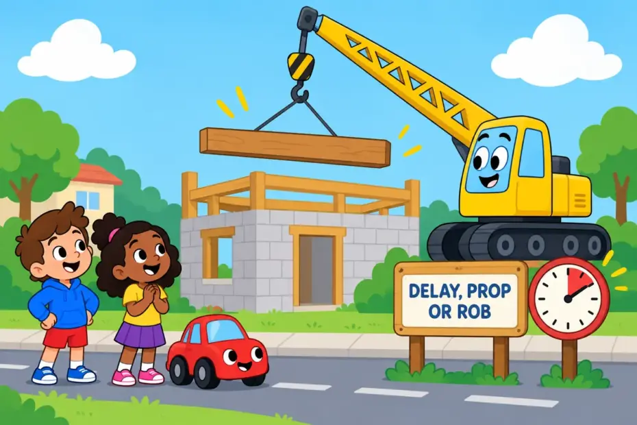 Cartoon children watch a crane hold up a beam while traffic waits, showing hold up in a sentence across its senses.