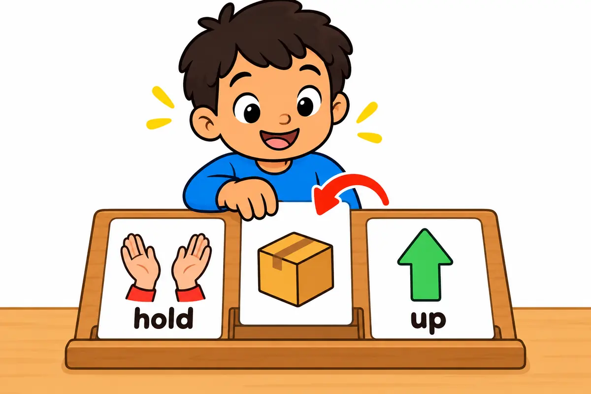 A cartoon child places an object card between the hold card and the up card on a wooden board, illustrating separability.