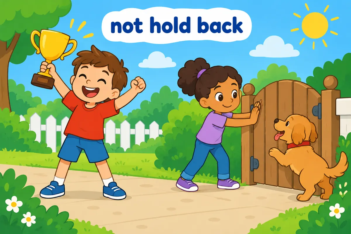 One unified cartoon scene illustrates Hold up lifts or delays, while hold back restrains.