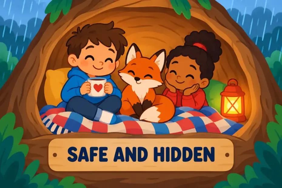 Cartoon children and a fox tuck into a cosy den while rain falls, showing hole up in a sentence as sheltering in a safe place.