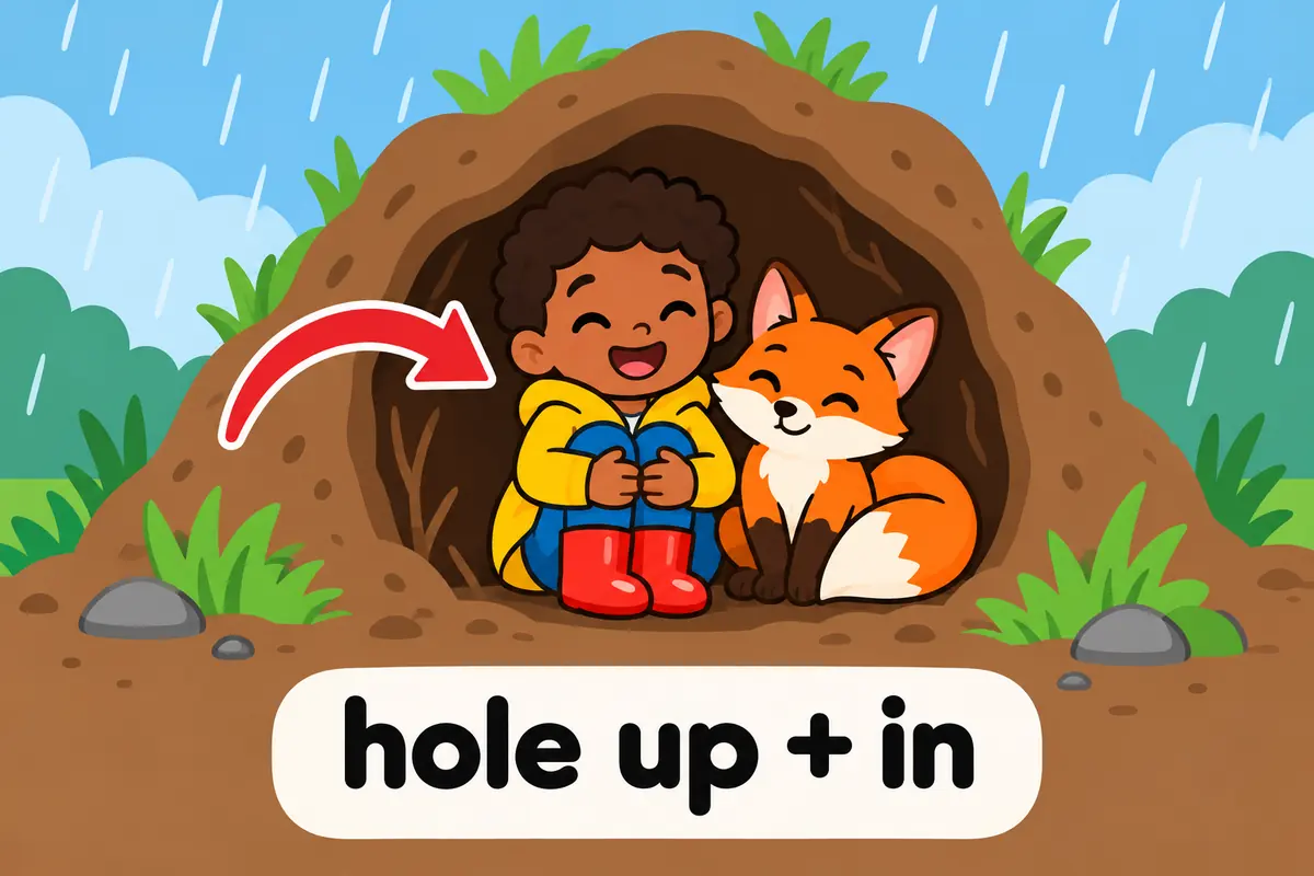 A cartoon child and a fox tuck into a cosy den while rain falls outside, showing hole up with the place named after in.