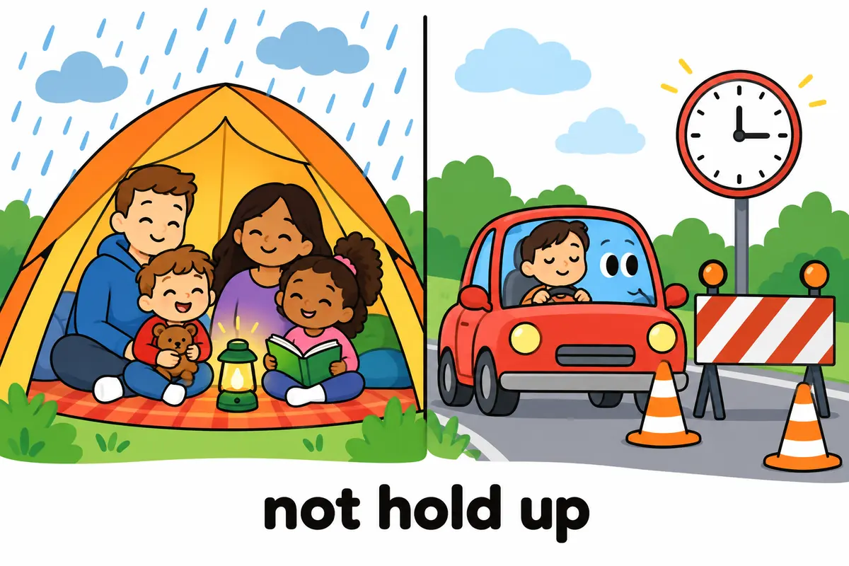A split cartoon scene shows a family cosy inside a tent while a separate car waits behind a roadworks sign.