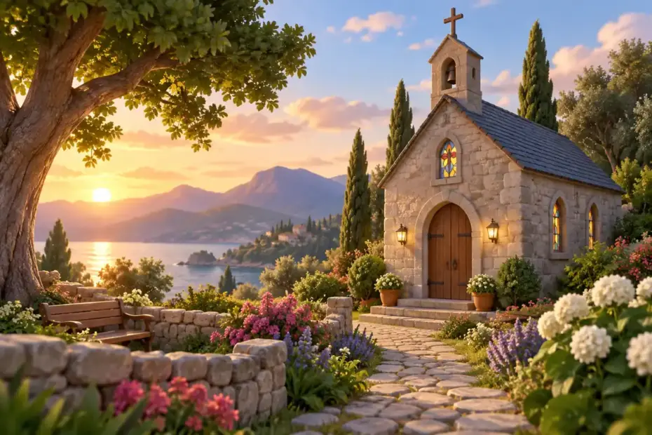 A quiet stone chapel stands beside a garden path.