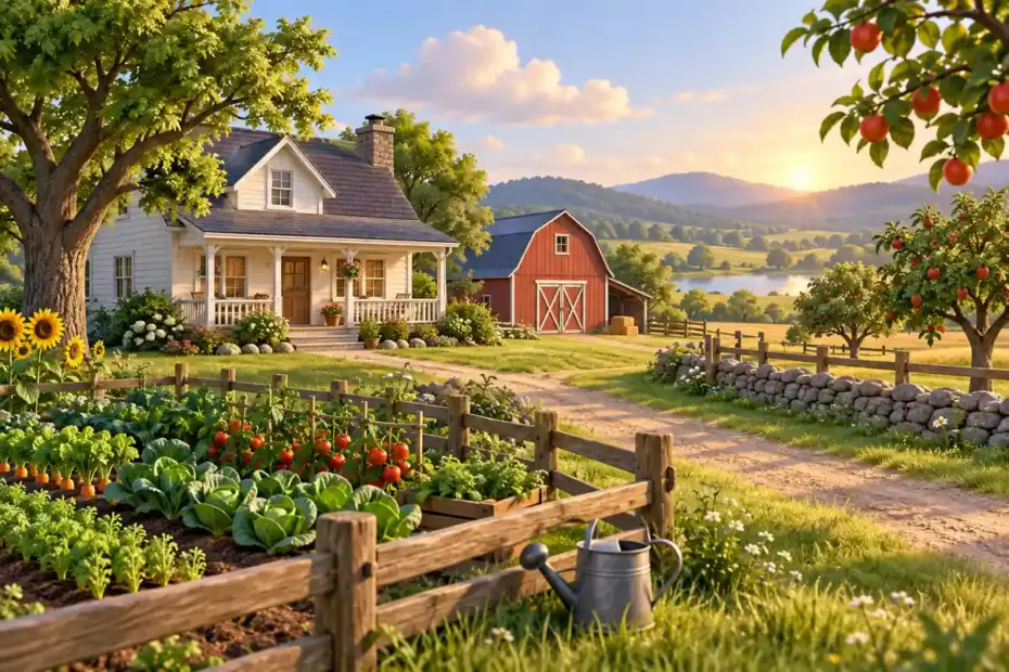 A rural homestead includes a home, vegetable garden, barn, and surrounding fields.