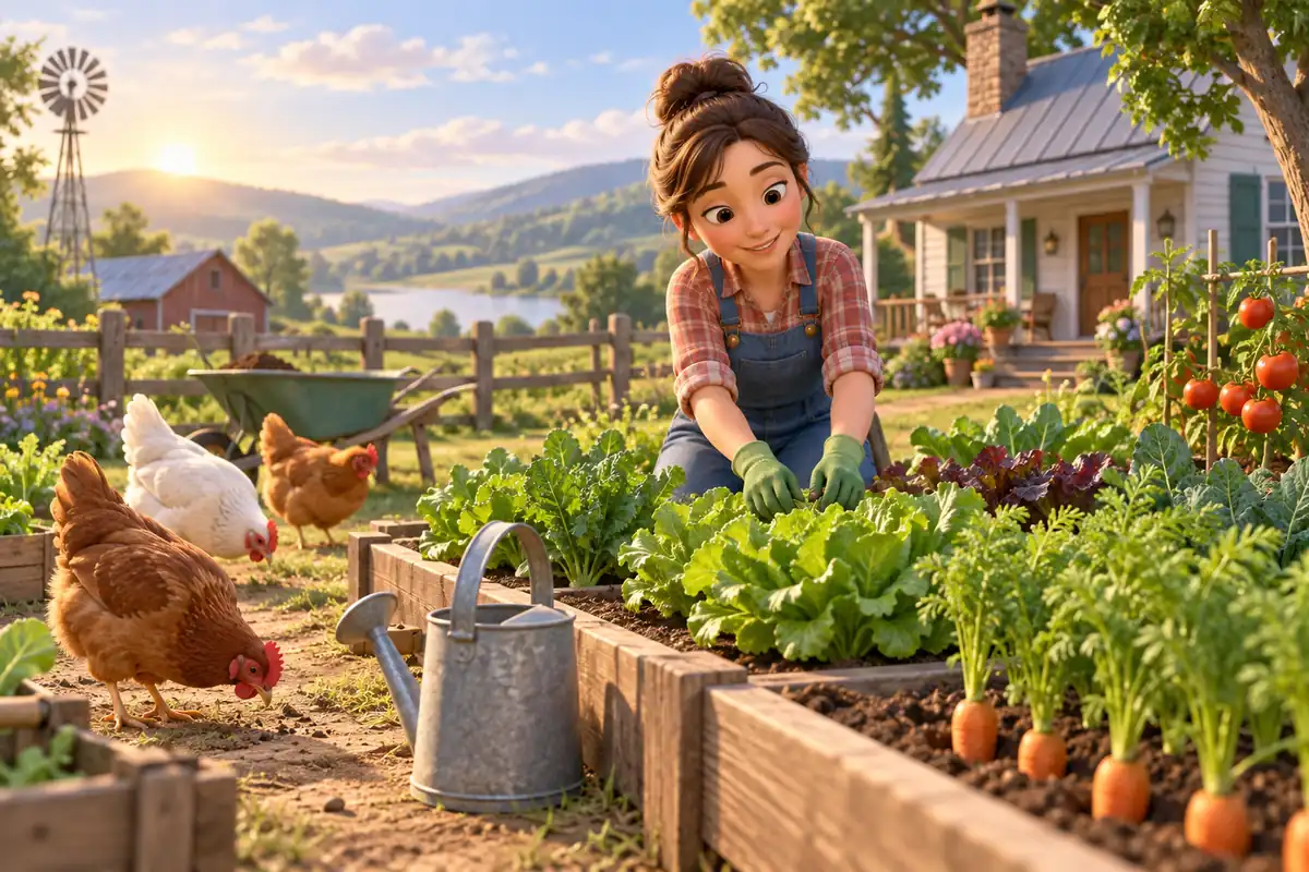A gardener tends raised beds and chickens beside a farmhouse.