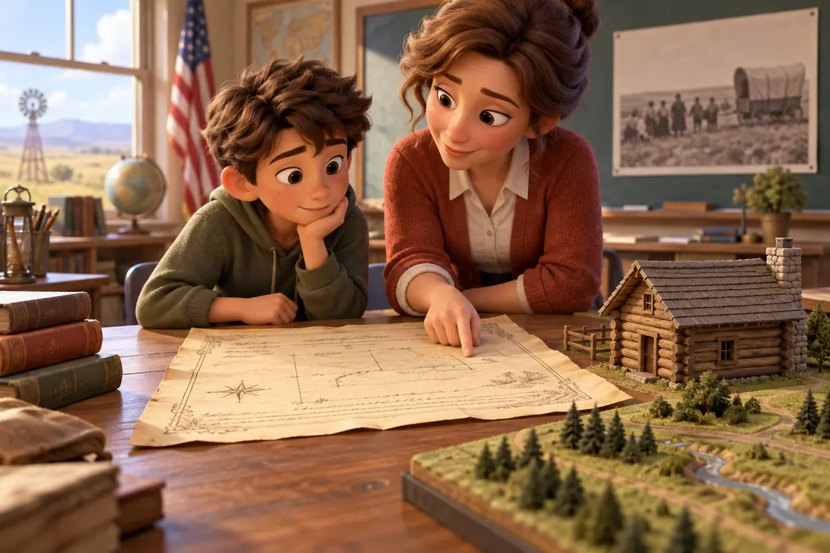 A student studies a historic homestead land-claim document beside a cabin model.