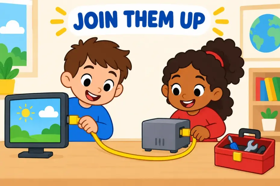 Cartoon children connect a cable between two devices, showing hook up in a sentence as joining equipment.