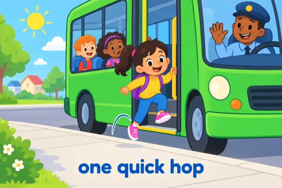 Cartoon child springs from the bottom step of a bus onto the pavement, teaching hop off in a sentence as a quick, light exit.