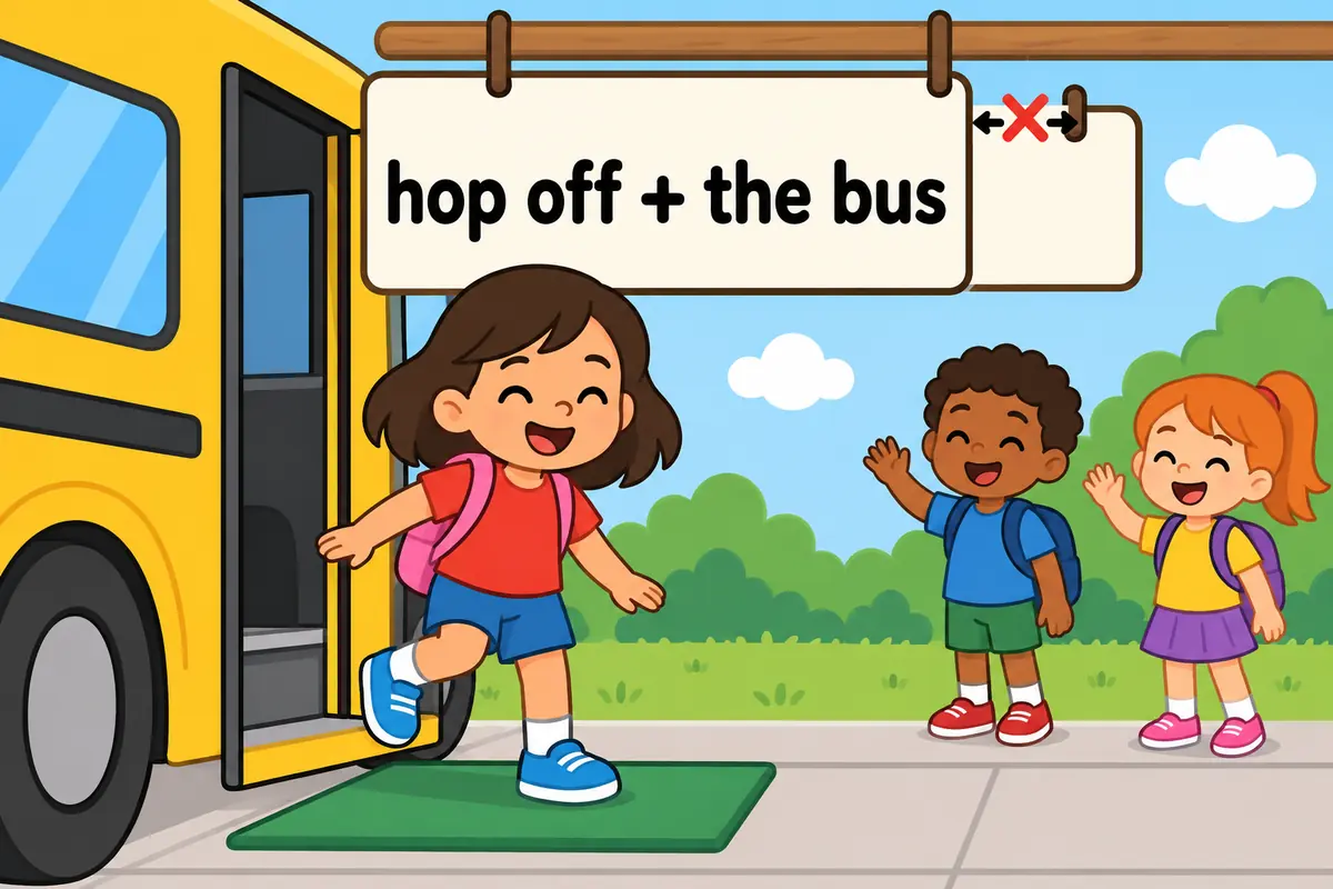 A cartoon child steps off a low bus step while a bright rail shows the phrase hop off staying whole before the word bus.