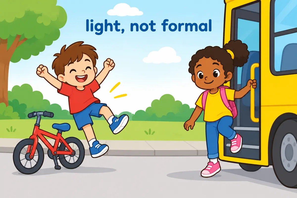 A single cartoon scene contrasts a child bounding off a bike with a child calmly stepping off a bus holding the rail.