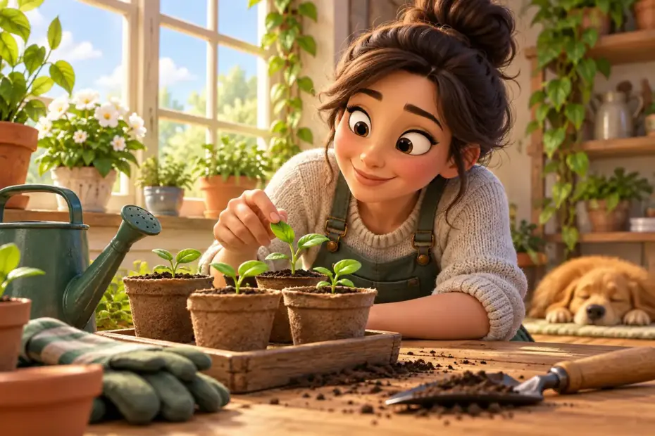 A gardener examines new shoots beneath a bright window.