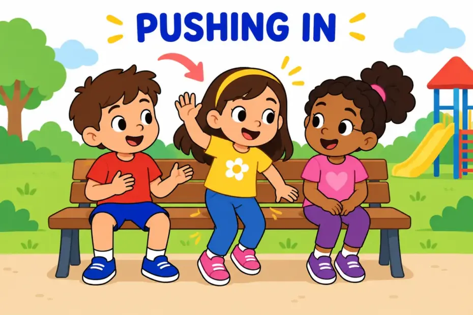 Cartoon children enter a circle where two friends talk privately, showing horn in in a sentence as an uninvited intrusion.