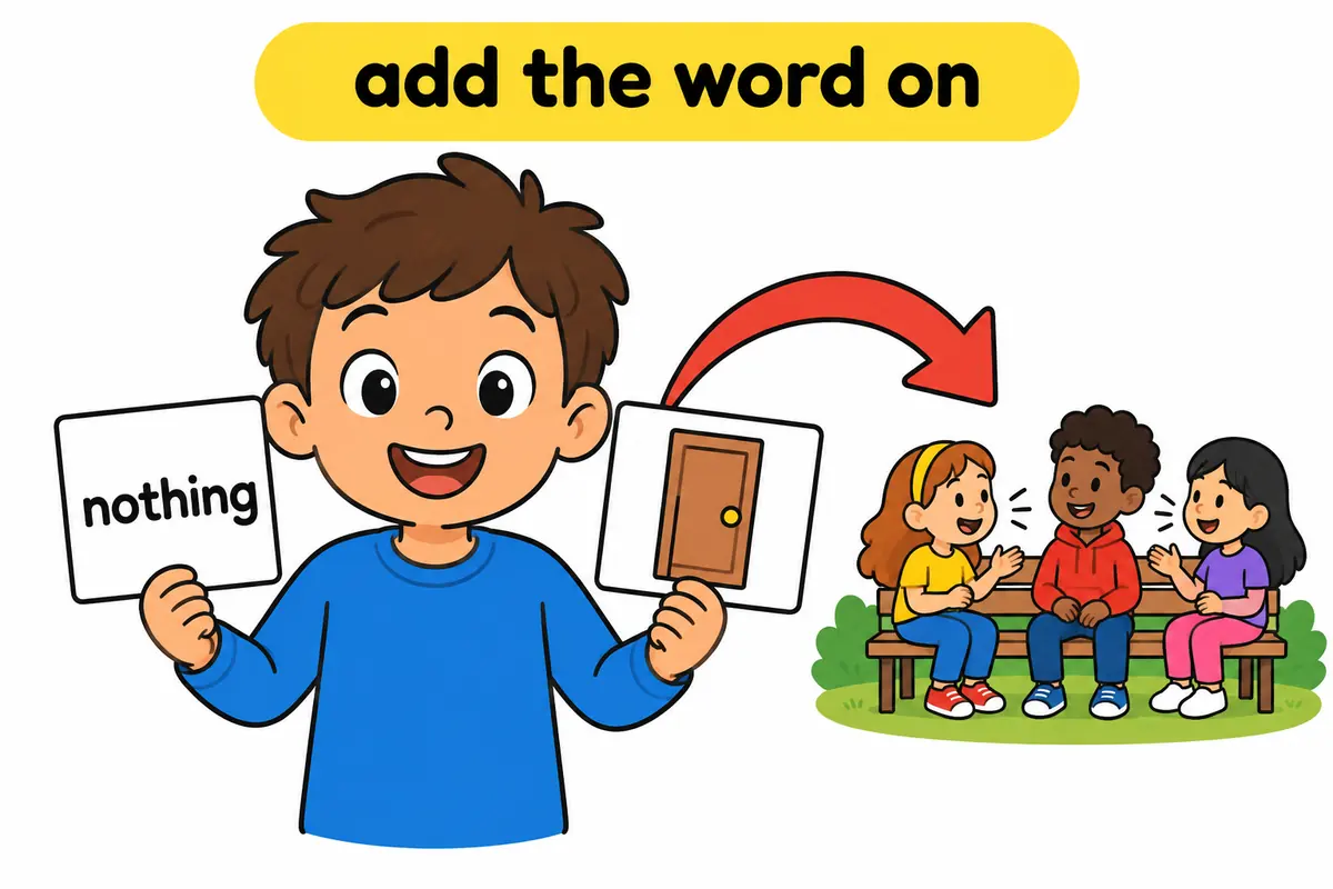 A cartoon child steps into a card showing an activity while an arrow shows the word on joining horn in.