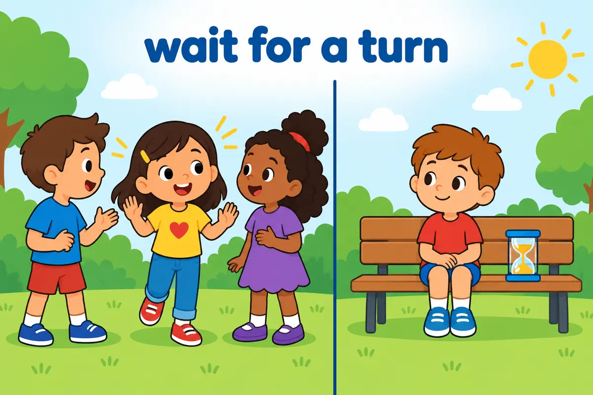 A cartoon split scene contrasts a child pushing into a chat with a child politely waiting outside a circle of friends.