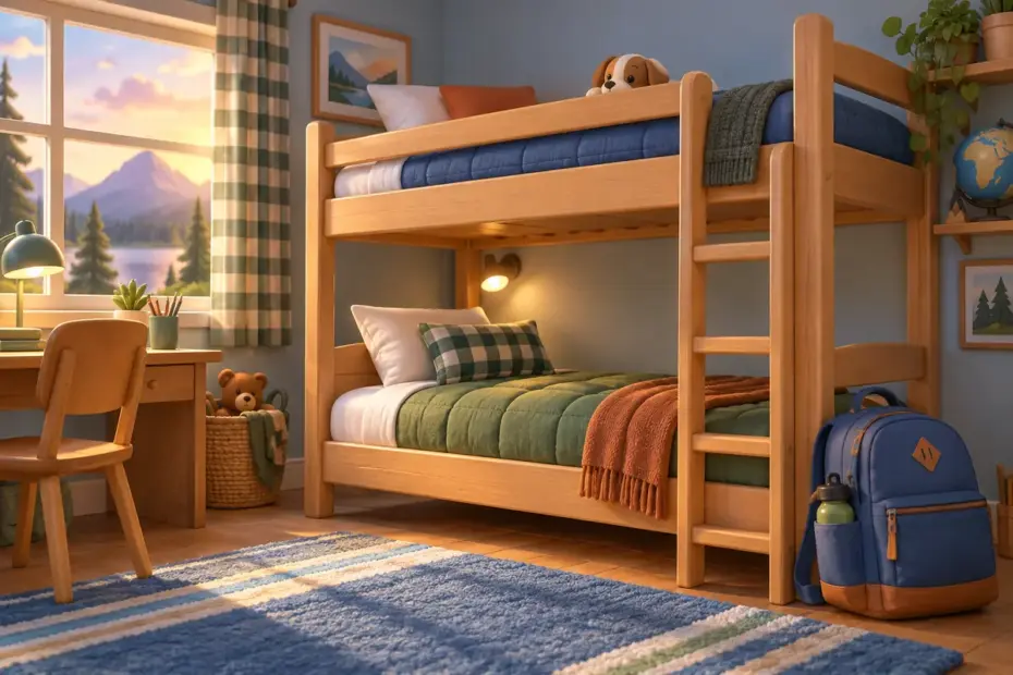A backpack rests beside a neatly made bunk bed.