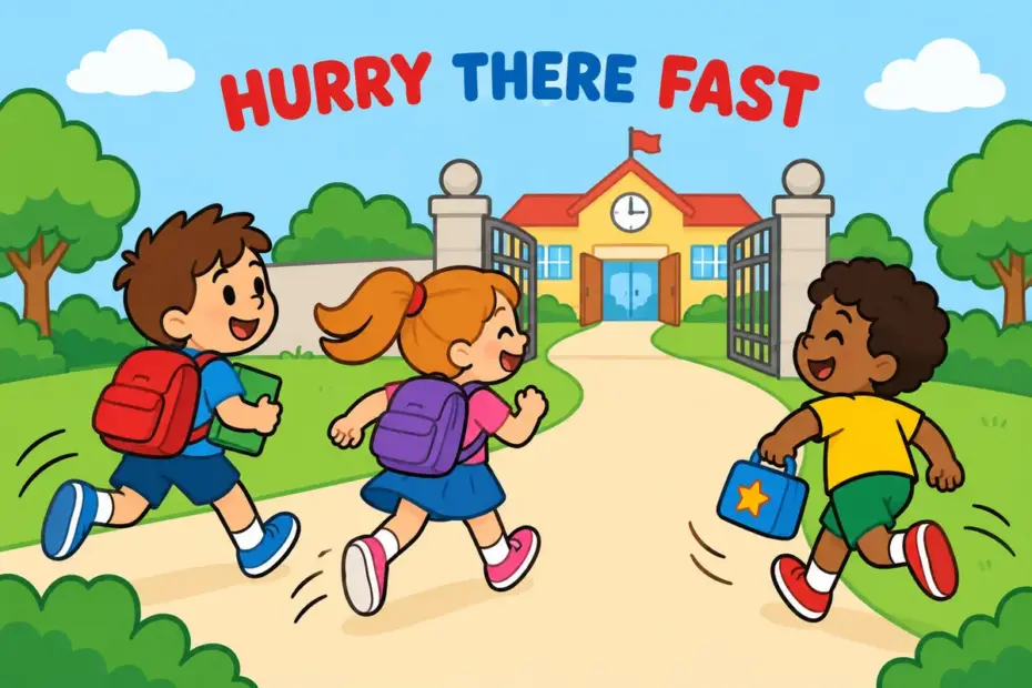 Cartoon children run along a path towards a school gate, showing hotfoot it in a sentence as hurrying somewhere.