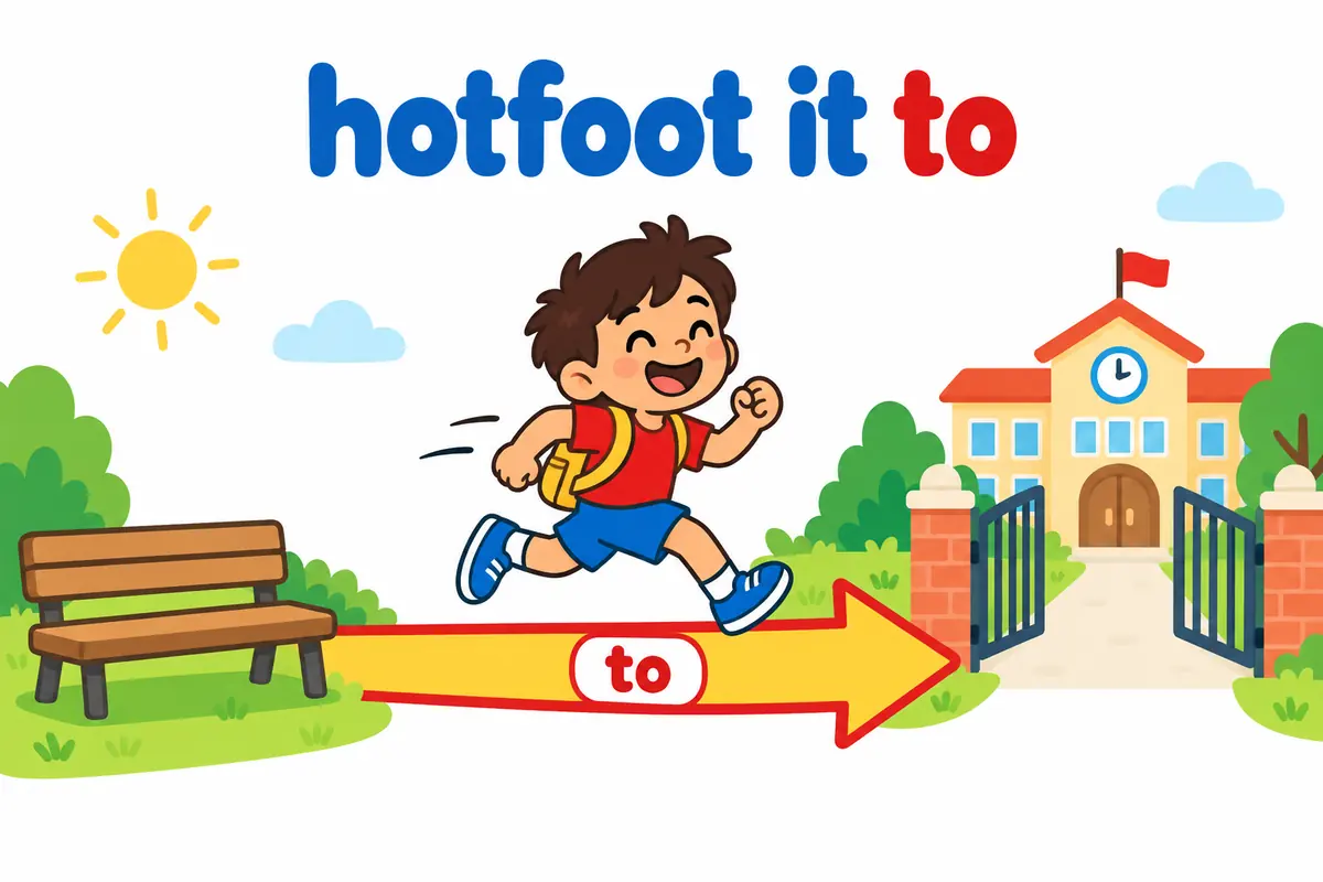 A cartoon child runs along an arrow leading from the words hotfoot it towards a school gate.