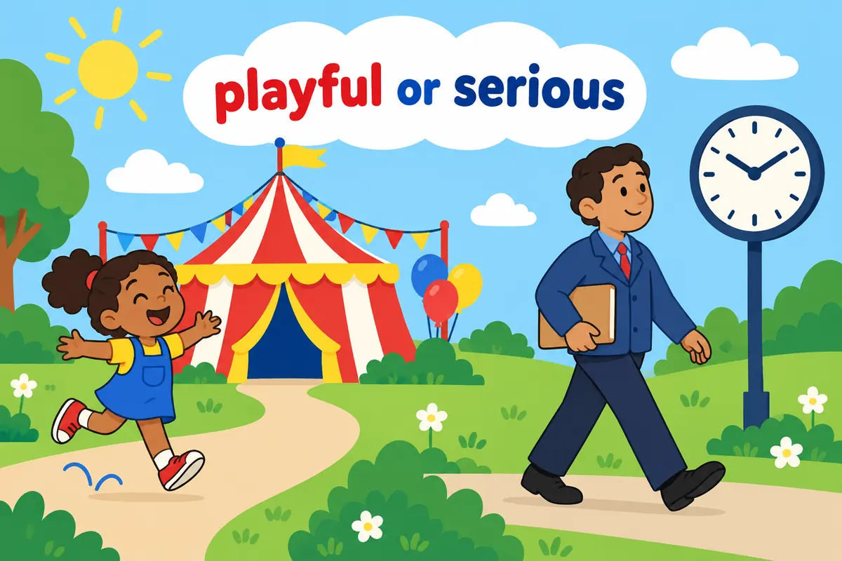 A cartoon single continuous scene contrasts a child skipping quickly to a fair with a worker striding to a meeting.