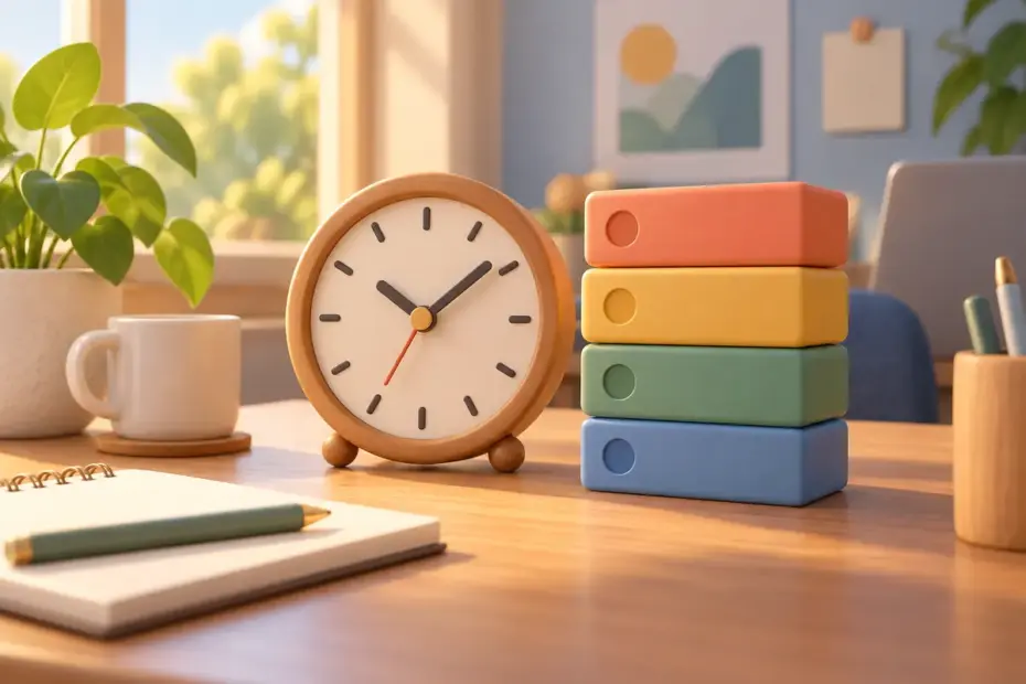 A clock beside task blocks on a desk.