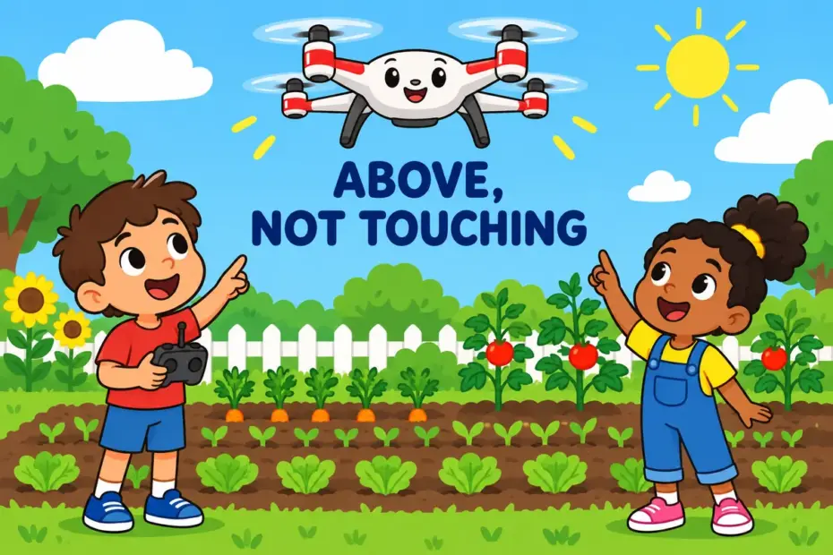 Cartoon drone hovers over a garden while two children point up, showing hover over in a sentence as staying above a place.