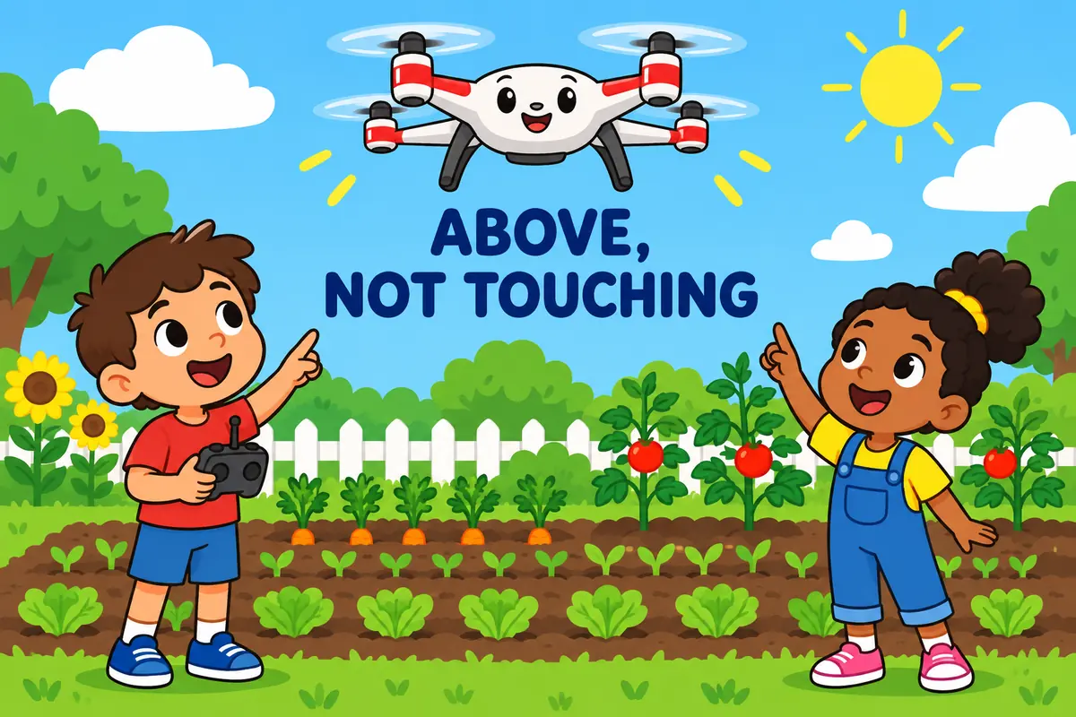 Cartoon drone hovers over a garden while two children point up, showing hover over in a sentence as staying above a place.