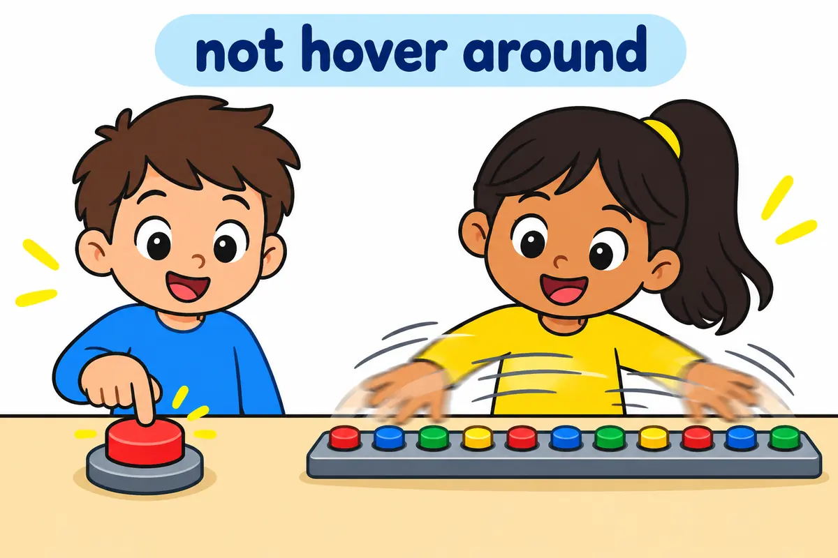 Two cartoon panels contrast a finger resting above a single button and a hand drifting across a busy row of buttons.