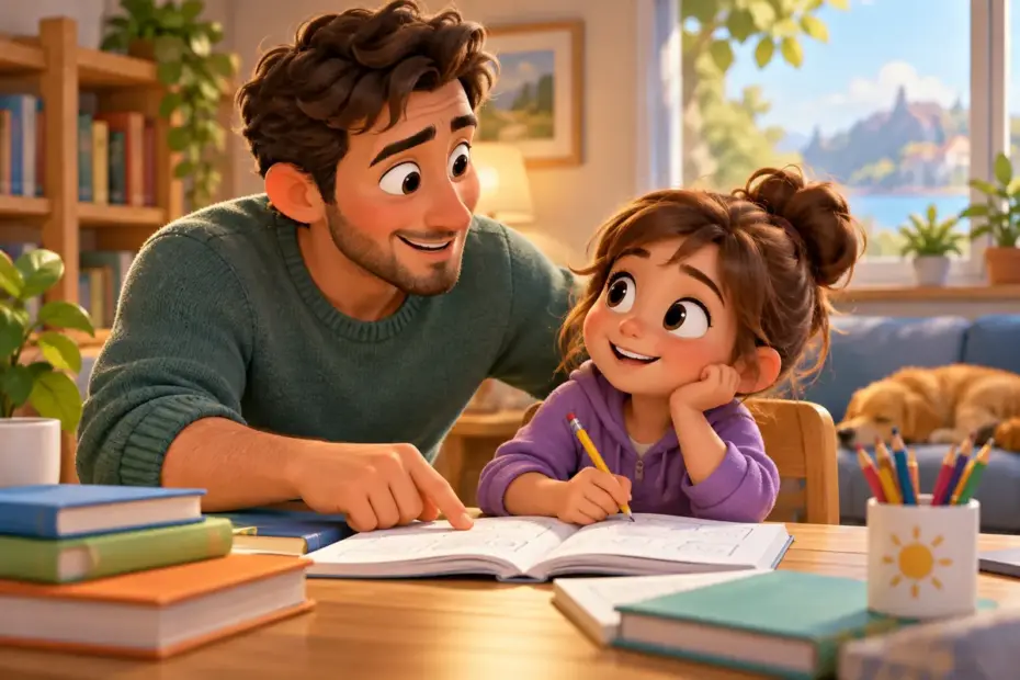 A parent teaches a child at a table with books and pencils.