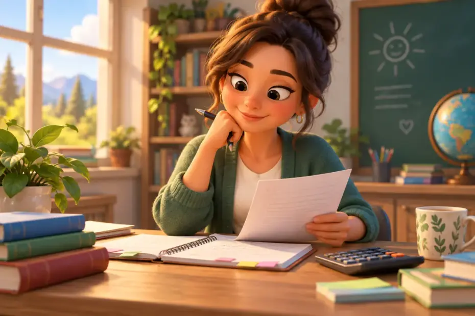 An instructor reviews lesson notes beside a calculator.